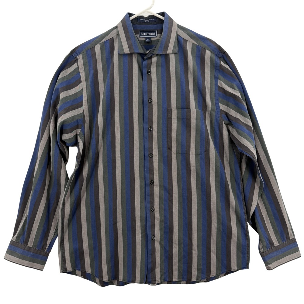 Paul Fredrick Shirt Mens Large Tall Blue Gray Striped Long Sleeve Button Down LT